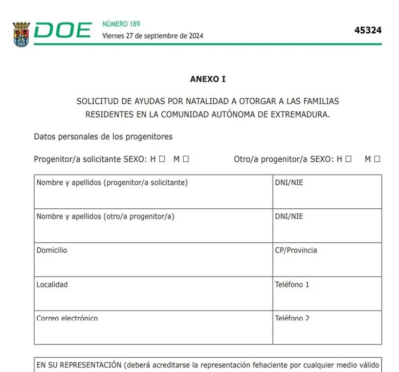 Formulario ayudas por natalidad Extremadura 2024